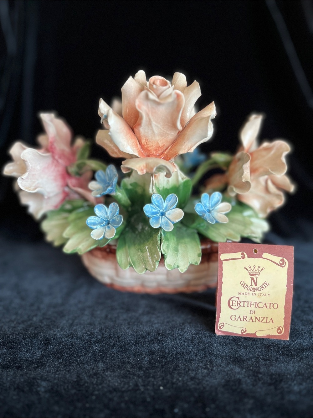 Vintage Nuova Capodimonte Porcelain Basket Centerpiece hand-modeled roses Italy
